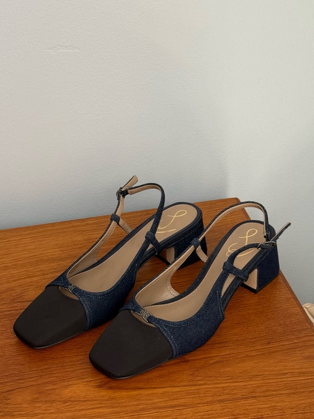 Denim Slingback Block Heel Sandals in Dark Blue